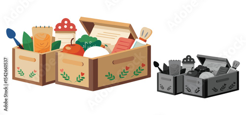 Illustrative image of decorated wooden boxes brimming with healthy food items and cooking utensils in a creative setting.