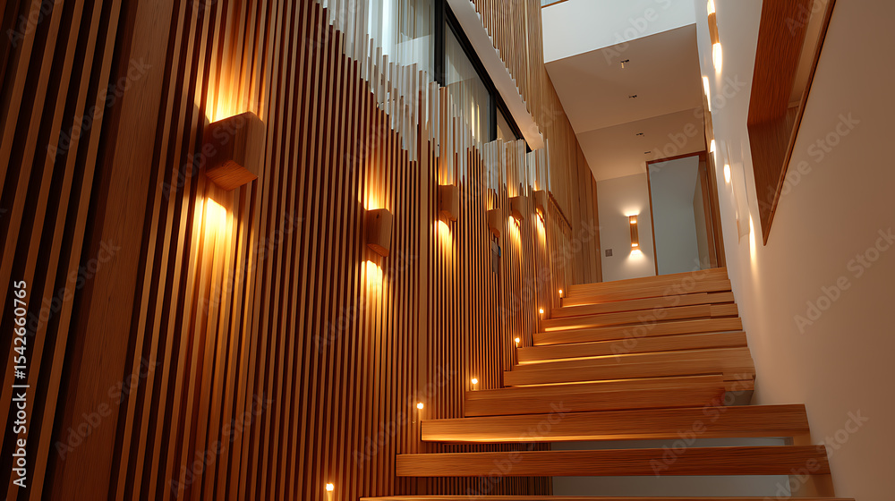 Obraz premium Modern Wooden Staircase and Wall in Contemporary Home Interior