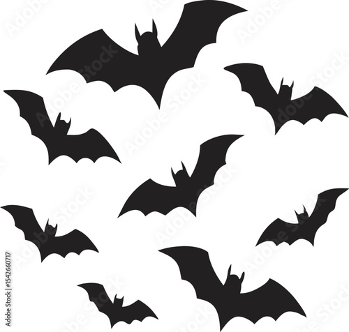 A flock of bats in silhouette flying, perfect for Halloween decorations and spooky designs.