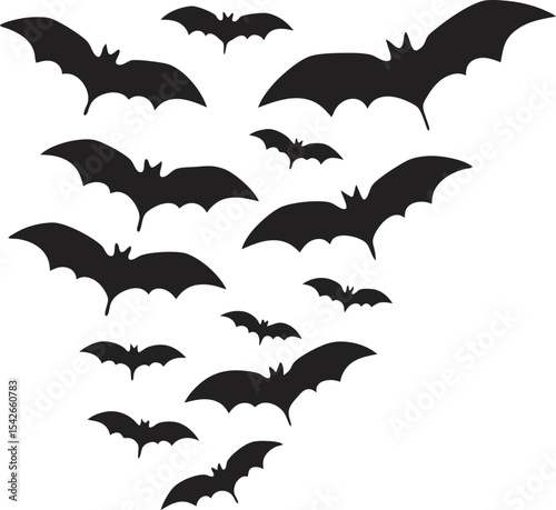 A flock of bats in silhouette flying, perfect for Halloween decorations and spooky designs.
