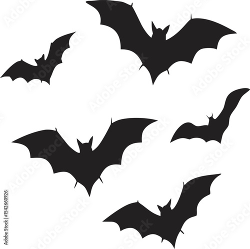 A flock of bats in silhouette flying, perfect for Halloween decorations and spooky designs.