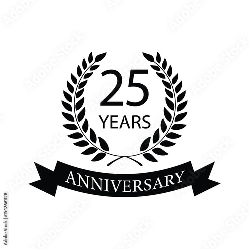 Black anniversary Laurel Wreath Badge – Vector Icon for Milestone, Celebration and Award Design of 25years.