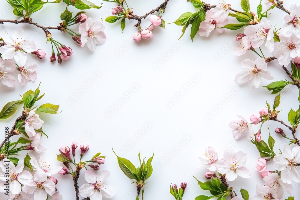 Obraz premium Sakura frame border on white background, pink and green flowers, white background, white space in the center of picture, realistic, high resolution, high definition 