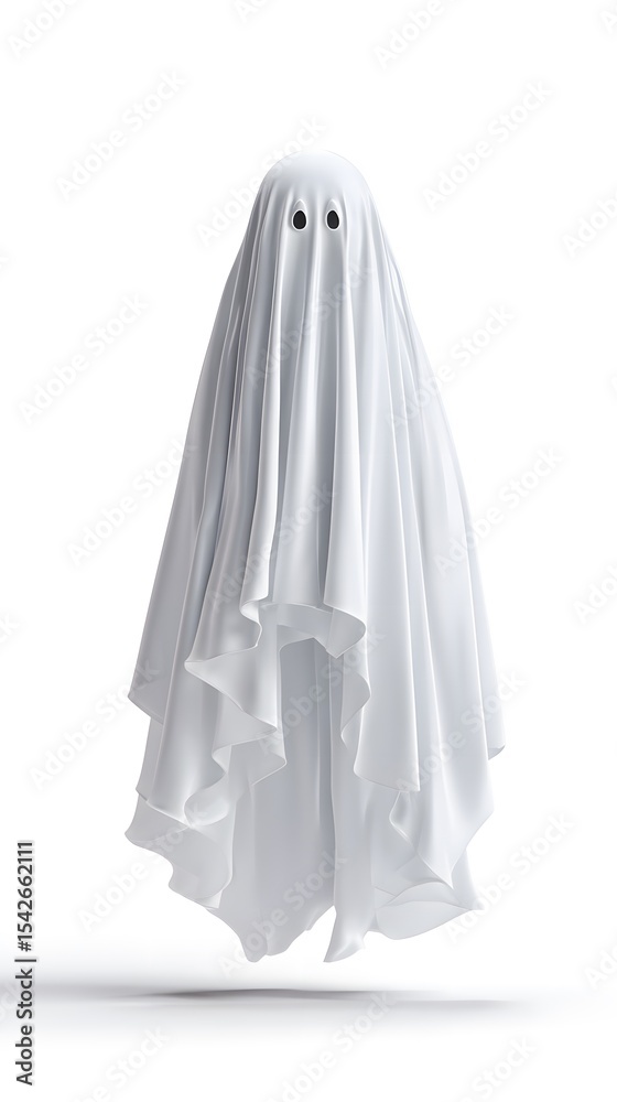 Fototapeta premium A white sheet ghost with two eye holes on a white background in studio shot