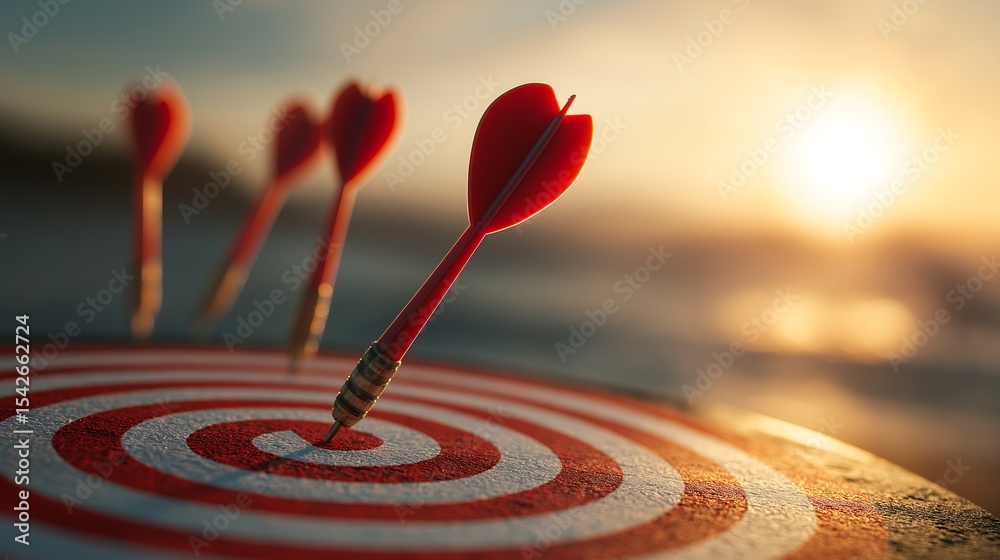Fototapeta premium Close up red dart arrow hitting target center dartboard on sunset background. Business targeting and focus concept