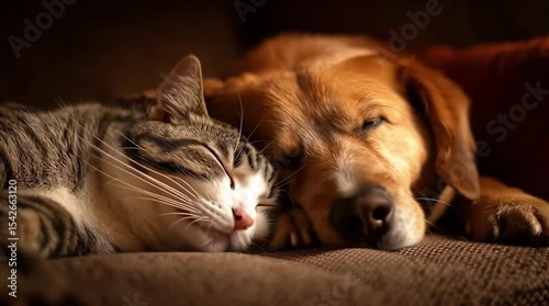 Cat and dog napping together on cozy sofa under warm indoor light. Handheld. 4K.
