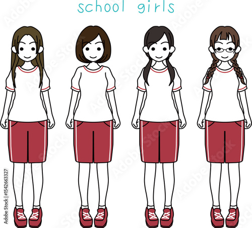 体操服姿の女子高生4人組