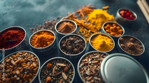 Long exposure photography of colorful spices in metal tins on a dark background, viewed from above, showcasing a soft cinematic haze, top-down perspective, soft focus, and hazy background with capture