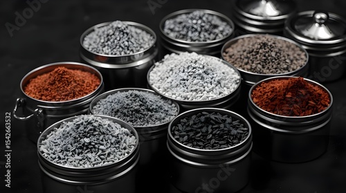 Classic black and white photograph of colorful spices in metal tins on a dark background, conveying a timeless and elegant aesthetic 