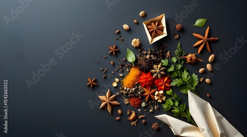 A low-angle, intricate origami-style flatlay of Colorful Spices and Herbs on a dark background, looking upward, with a dramatic folded paper aesthetic and geometric precision 