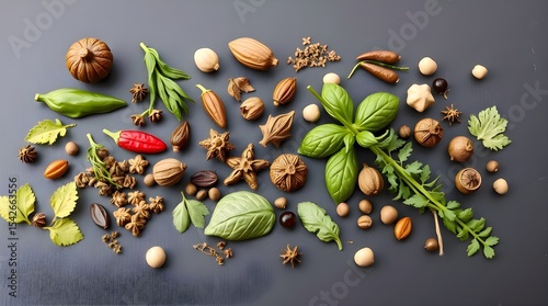 An adorable and charming flatlay of Colorful Spices and Herbs on a dark background, cast in bronze with an antique patina finish 