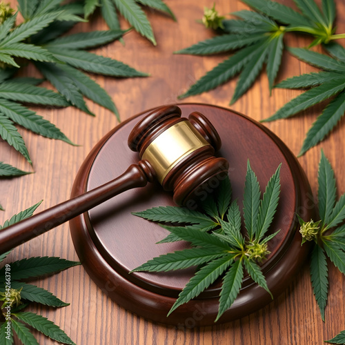 A gavel rests on a wooden table surrounded by cannabis leaves and buds, symbolizing the intersection of law and marijuana regulation.