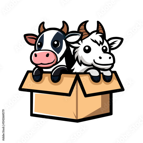 Cute Cow and Goat in a Box