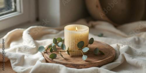 Pale Yellow Beeswax Candle with Eucalyptus and Soft Fabric