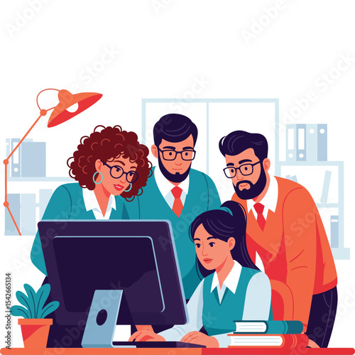 Business Team Collaborating and Discussing Project on Computer.