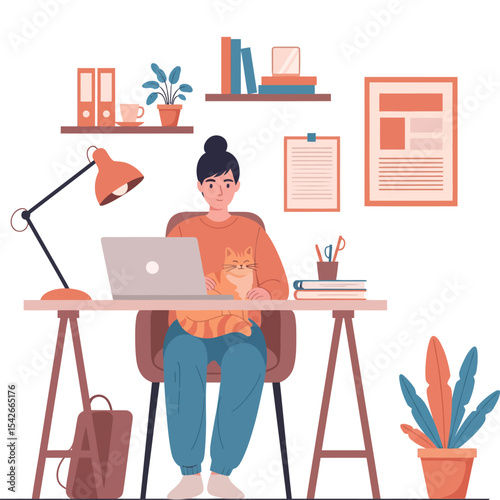 Female Freelancer or Student Enjoying Comfortable Workspace.