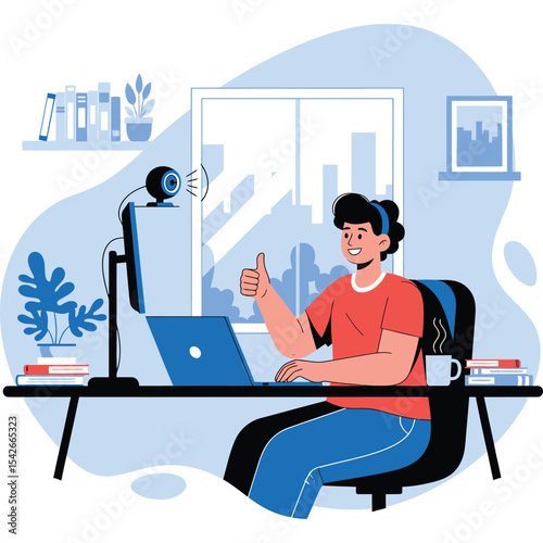 Online Communication and Video Call from Home Workspace.