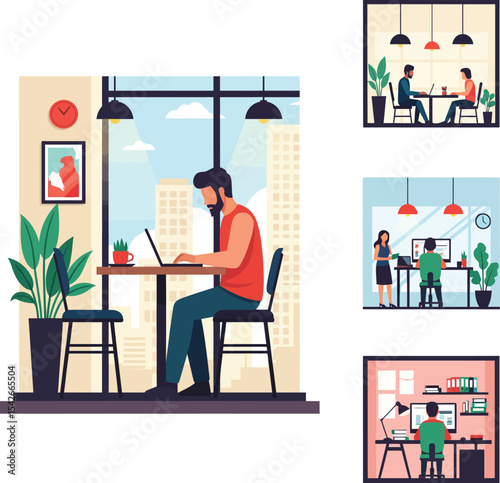 Man Working Remotely on Laptop in Cafe or Home Office.