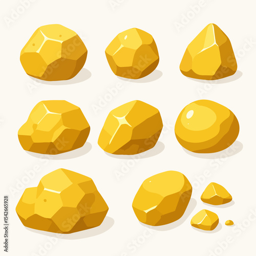 Gold stones. Yellow mine nuggets, golden shiny stones, jewel nuggets flat vector illustration set. Cartoon golden treasure rocks on white