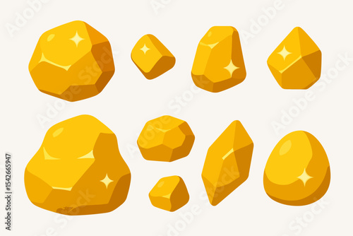 Gold stones. Yellow mine nuggets, golden shiny stones, jewel nuggets flat vector illustration set. Cartoon golden treasure rocks on white