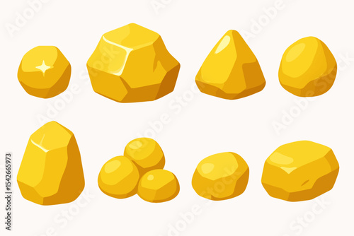 Gold stones. Yellow mine nuggets, golden shiny stones, jewel nuggets flat vector illustration set. Cartoon golden treasure rocks on white
