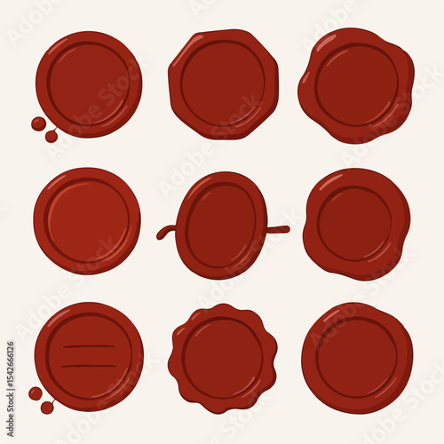 Red wax stamps. Vintage seal stamp, wax postage label marks, medieval post signet flat vector illustration set. Cartoon postal paraffin stamps