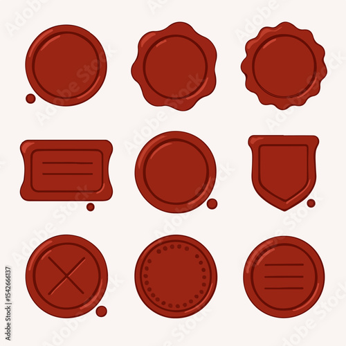 Red wax stamps. Vintage seal stamp, wax postage label marks, medieval post signet flat vector illustration set. Cartoon postal paraffin stamps