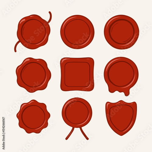 Red wax stamps. Vintage seal stamp, wax postage label marks, medieval post signet flat vector illustration set. Cartoon postal paraffin stamps