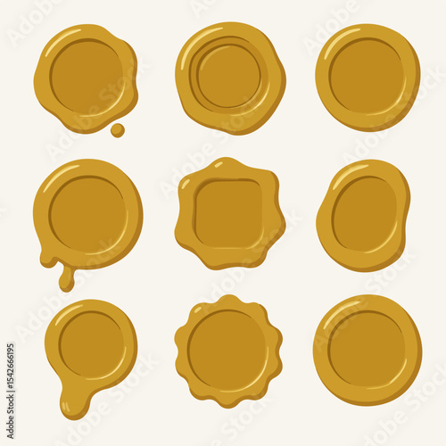 Golden wax stamps. Vintage seal stamp, wax postage label marks, medieval post signet flat vector illustration set. Cartoon postal paraffin stamps