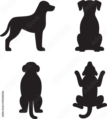 dog silhouette icons set side, front, back, and top views vector art illustration