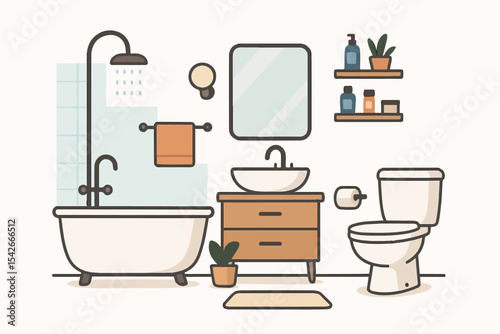 Modern bathroom. Cartoon bathroom interior with bathtub and shower, indoor facilities interior flat vector illustration. Convenient minimalist bathroom