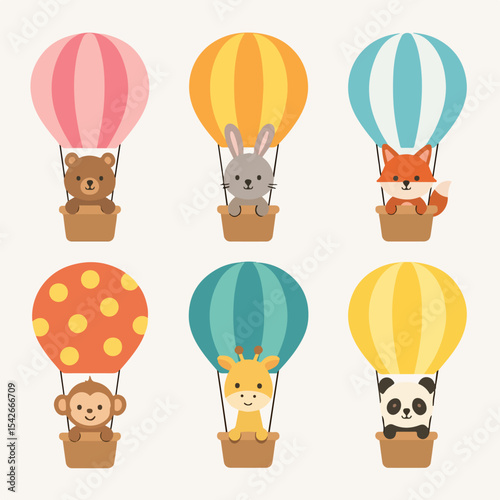 Animal flying on hot air balloon. Flying hot air balloon with cute animal on board flat vector illustration. Cartoon character flying on retro air transport
