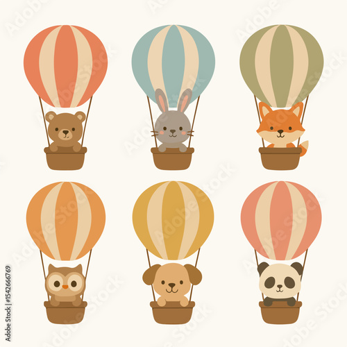 Animal flying on hot air balloon. Flying hot air balloon with cute animal on board flat vector illustration. Cartoon character flying on retro air transport