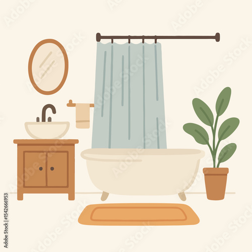 Cartoon modern bathroom. Cozy bathroom interior tub, rug and bathroom curtains flat vector illustration. Washroom interior

