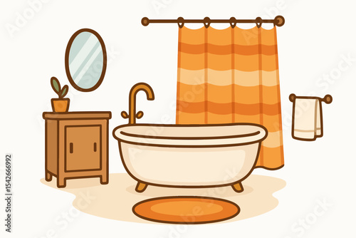 Cartoon modern bathroom. Cozy bathroom interior tub, rug and bathroom curtains flat vector illustration. Washroom interior
