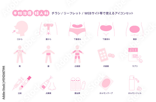 不妊治療の薬と投与部位アイコンセット（ピンク）