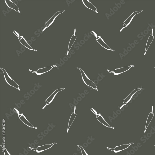 White jalapeno pepper seamless pattern on dark green background in minimal line art style for kitchen decor or food packaging
