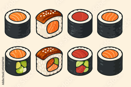 Sushi rolls. Asian traditional seafood dish, sushi, rolls with salmon, eel and tuna, traditional asian cuisine dish flat vector illustration set. Cartoon Japanese sushi rolls