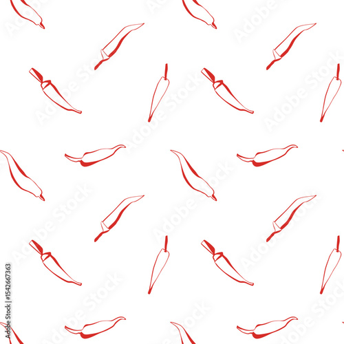 Minimal chili pepper seamless pattern in red line art on white background perfect for food packaging and kitchen textile design
