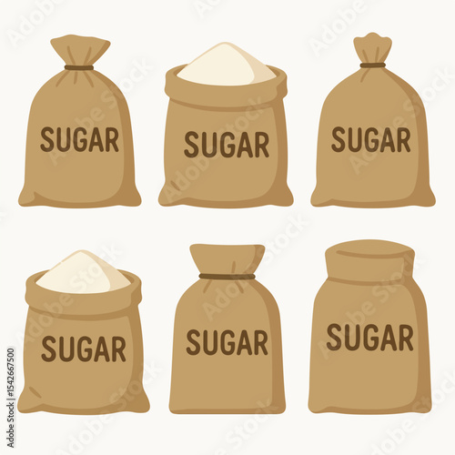 Sugarcane product bags. Granulated sugar textile sackcloth bags, agriculture sweet sugar package flat vector illustration set. Cartoon sugarcane production bags