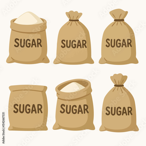 Sugarcane product bags. Granulated sugar textile sackcloth bags, agriculture sweet sugar package flat vector illustration set. Cartoon sugarcane production bags