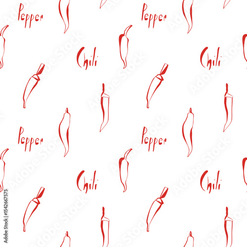 Chili pepper seamless pattern with text on white background in red line art style for kitchen wraps or food branding