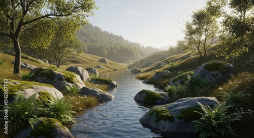 Scenic River in Valley with Greenery Under the Sunshine photo