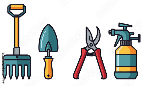 Flat Design Gardening Hand Tools, a hand rake, a trowel, pruning shears, and a spray bottle, all rendered in a clean, flat design style with distinct outlines.