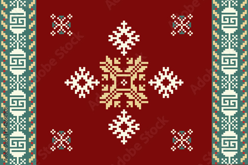 Ethnic Textile Motif Dark Teal Pixelated Design with Geometric Borders