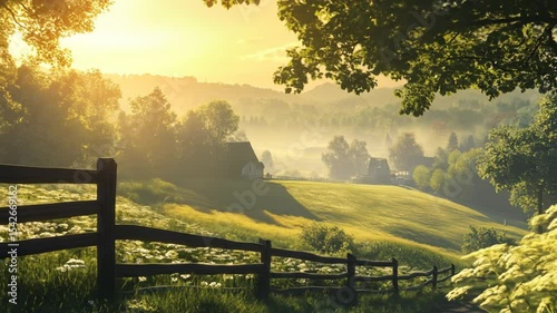 Misty countryside sunrise over tranquil farmland