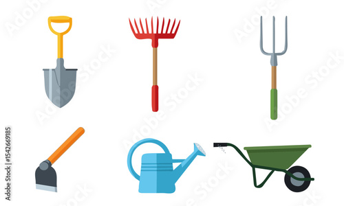 flat Gardening and Farming tool, flat design vector illustrations of essential gardening and farming tools: a shovel, a leaf rake, a pitchfork, a hoe, a watering can, and a wheelbarrow,