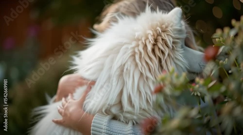 Child hugging fluffy Samoyed dog in garden. Candid moment. Handheld. 4K.
