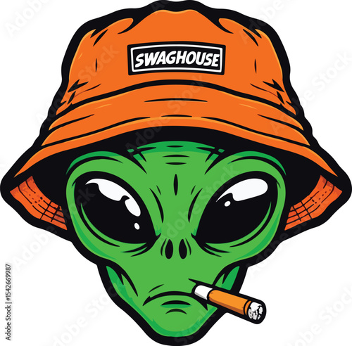 Cool Cartoon Alien with Bucket Hat and Cigarette Sticker.eps