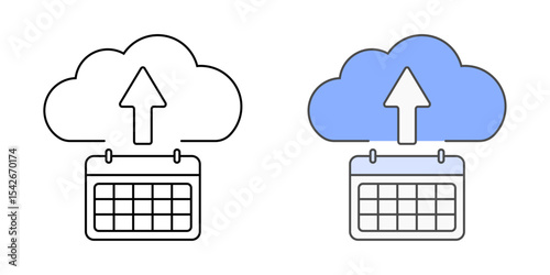 Cloud backup scheduler icon with a cloud, calendar, and upload arrow, in outline and color styles, ideal for representing automated cloud backups, scheduled data storage, and SaaS protection tools.